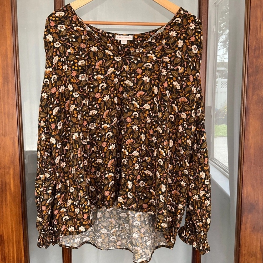 Knox Rose Black Multicolor Floral Long Sleeve Tassel Top XXL Boho‎ Peasant